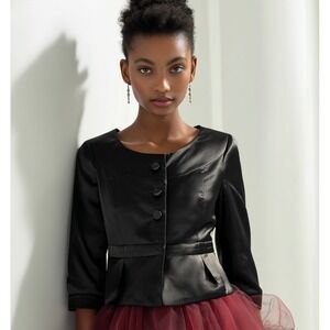 Jones New York  6 Black Satin Cropped Jacket 3/4 Sleeve Holiday Cocktail Party
